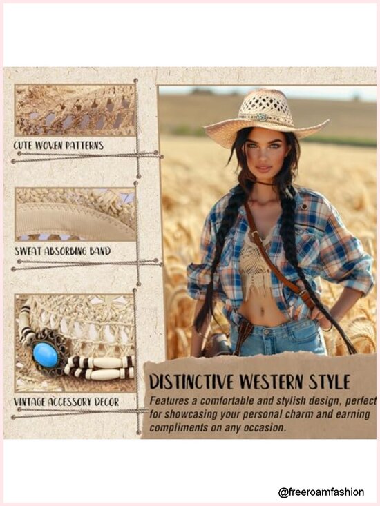 Straw Cowboy Hat with Four Decorative Bands, Wide Brim